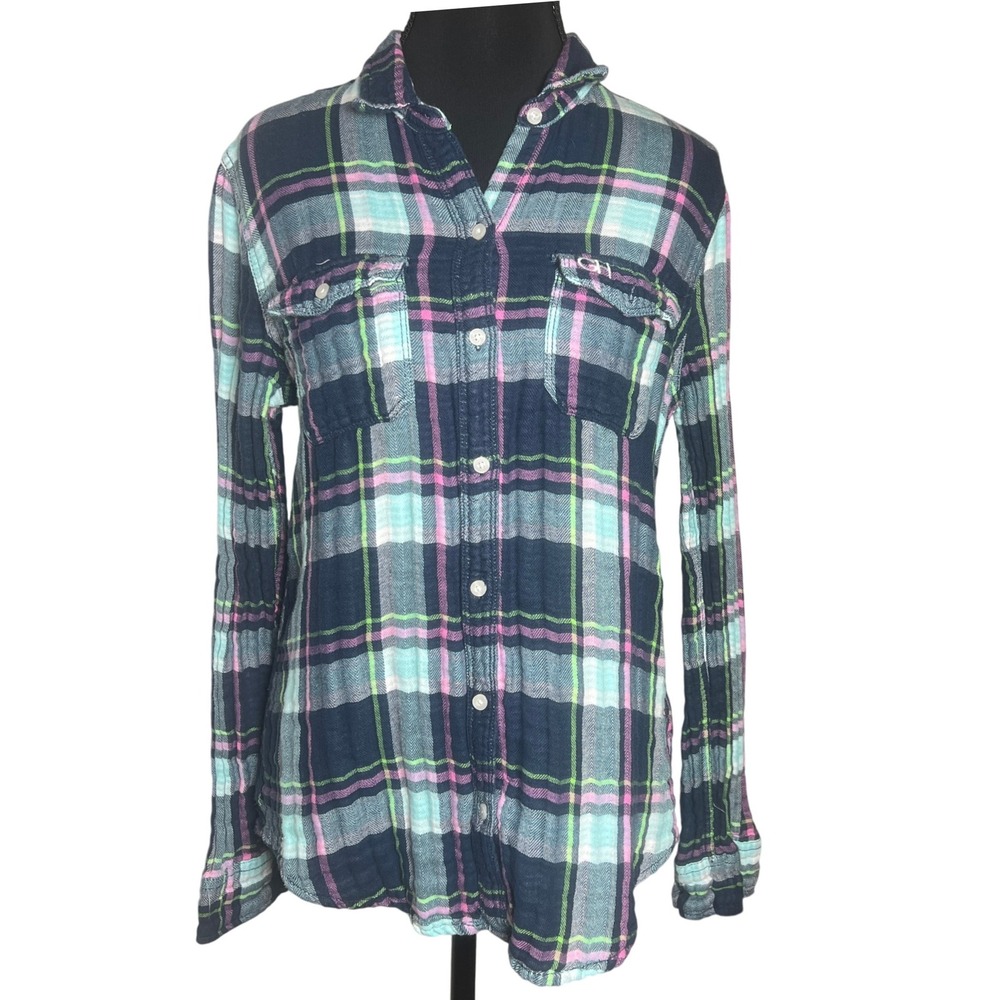 Gilly Hicks Sydney Pink Navy Plaid Button Down Flannel Womens Sz S Cozy SOFT